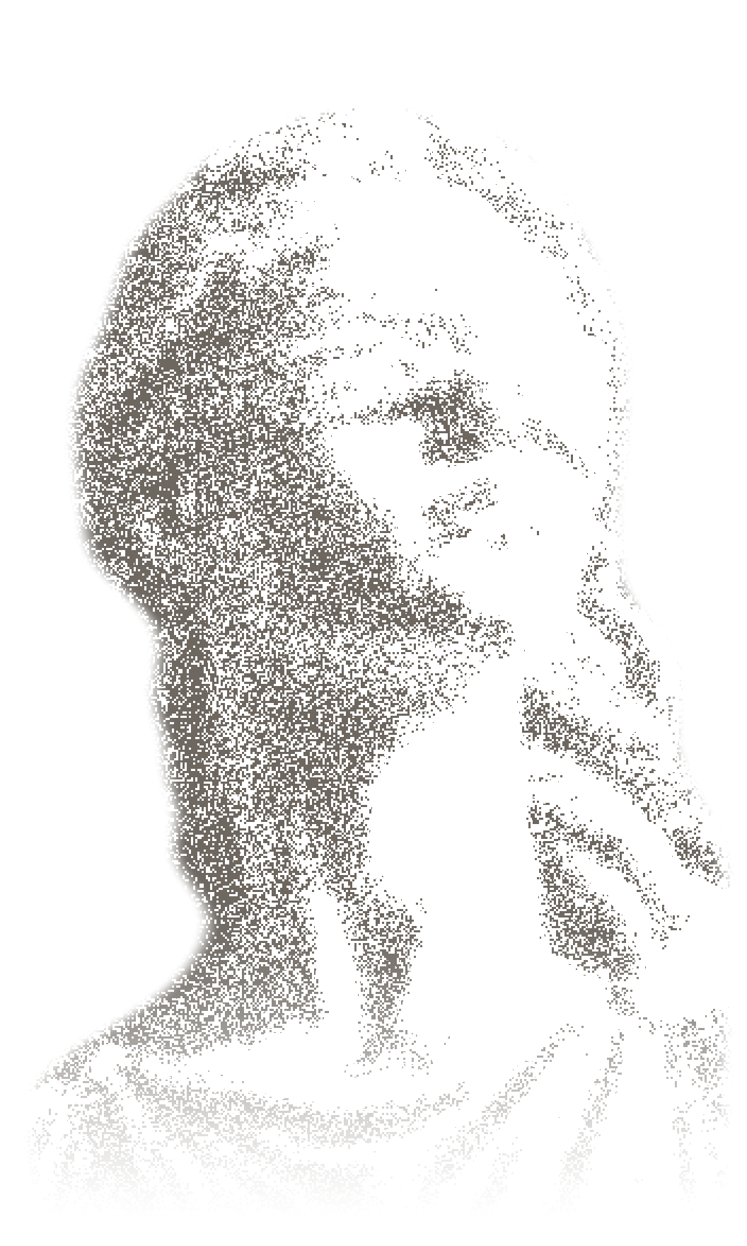 Print-style drawing of a blindfolded classical marble bust