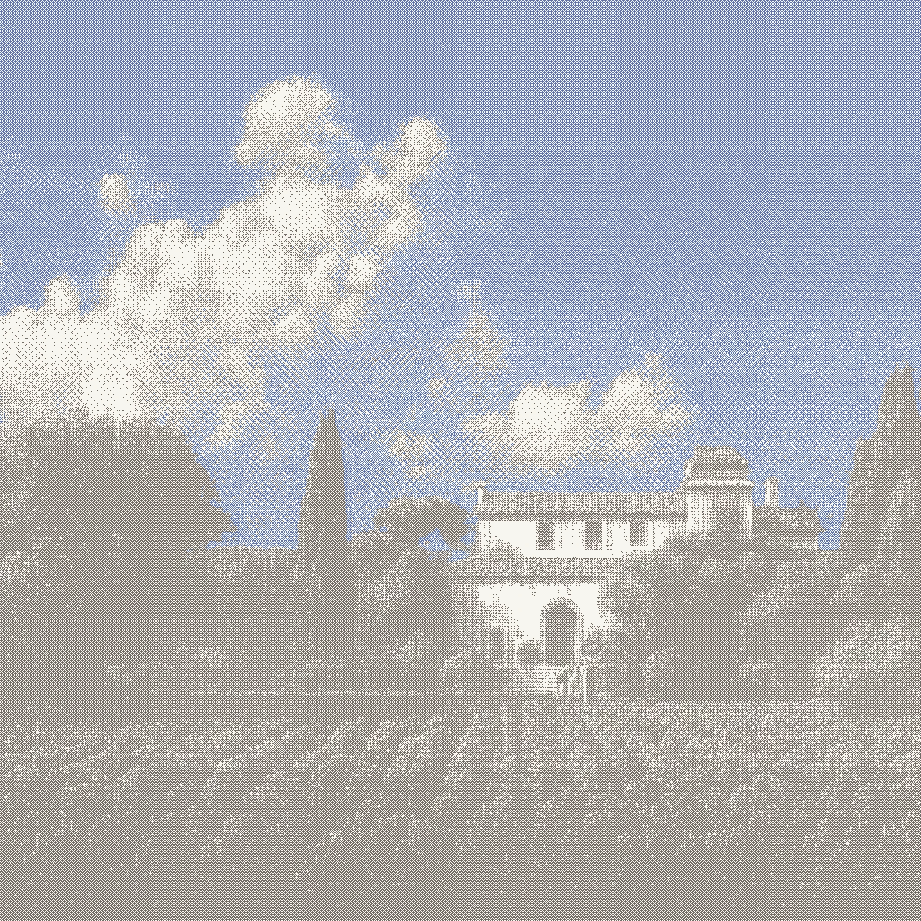 Dithered landscape: a villa among cypresses under a deep blue sky with billowing clouds